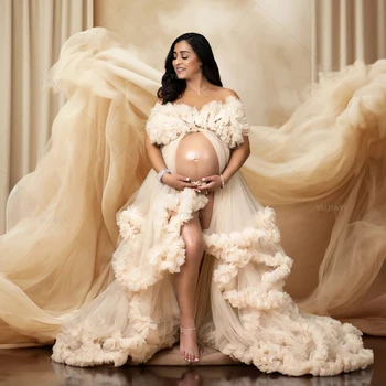 Tiulio Motinystės Suknelės Ilgas Mantijas Nėštumo Moterims, Chalatai PhotoShoot Ruffles Pakopų Motinystės Vestuvių Boudoir Sleepwear Pižamą