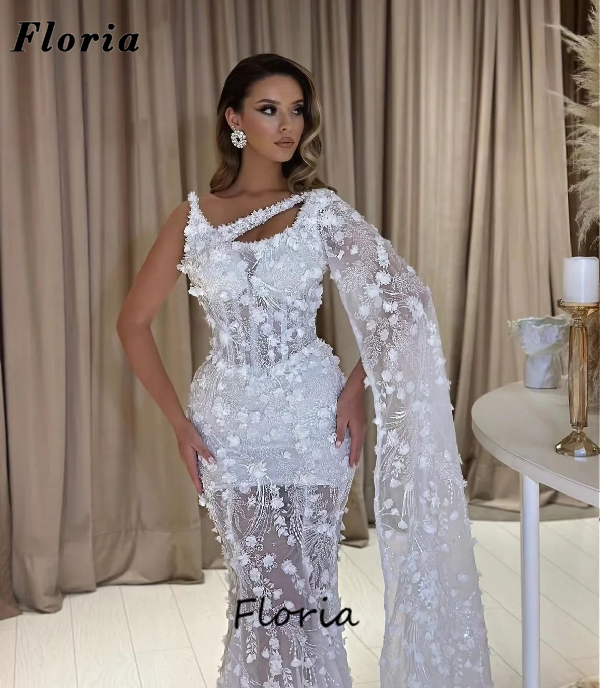 Baltos Gėlės Garsenybių Suknelės Plius Dydžio Vieno Peties Oficialus Suknelė Dubajus Zawalcowany Šalies Vakare Chalatai Vestidos De Gala