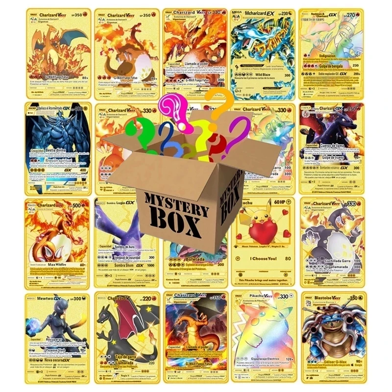Cartas Pokemon Mystery Box Korteles Metalo Kortelės ispanų anglų kalba V PIKACHU Anime Atsitiktiniai Aklas Lauke Aukso Vmax Žaidimas Žaislų Kolekcija